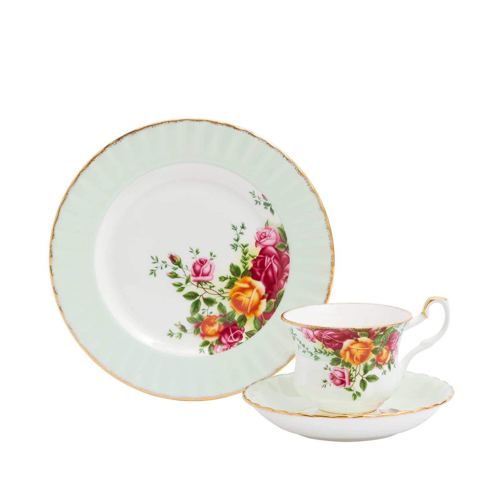 Royal Albert Teaware & Coffee Sets, Fine Bone China, Old Country Rose Teacup Saucer Plate, Fern, 3pcs