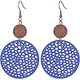 coadipress Vintage Geometric Round Earrings Wooden Earrings Handmade Natural Wooden Hollow Out Circle Earrings Bohemian Lightweight Statement Western Earrings for Women