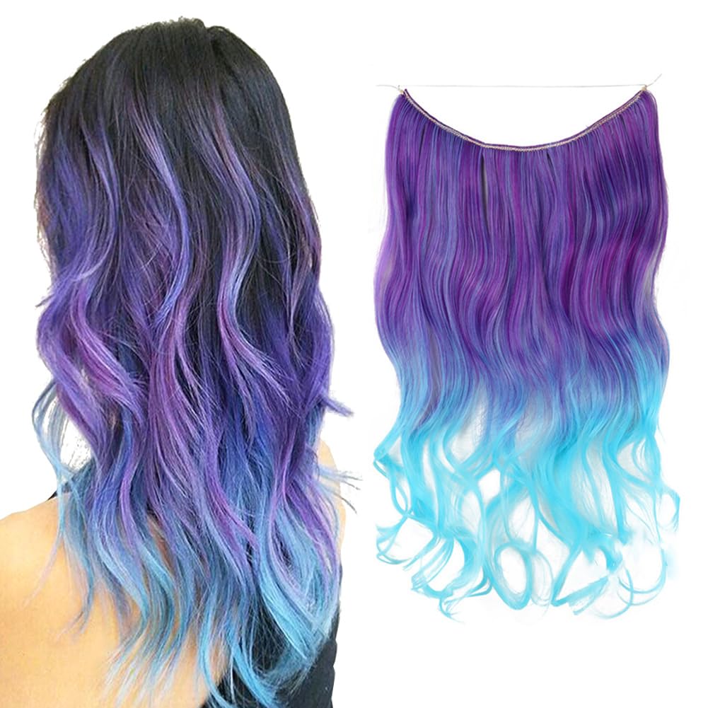 No Clips No Glue Invisible Big Wavy Hair Extensions Secret Ombre 2 Tone Natural Synthetic Hairpieces 24" Hidden Wire QY27H613#