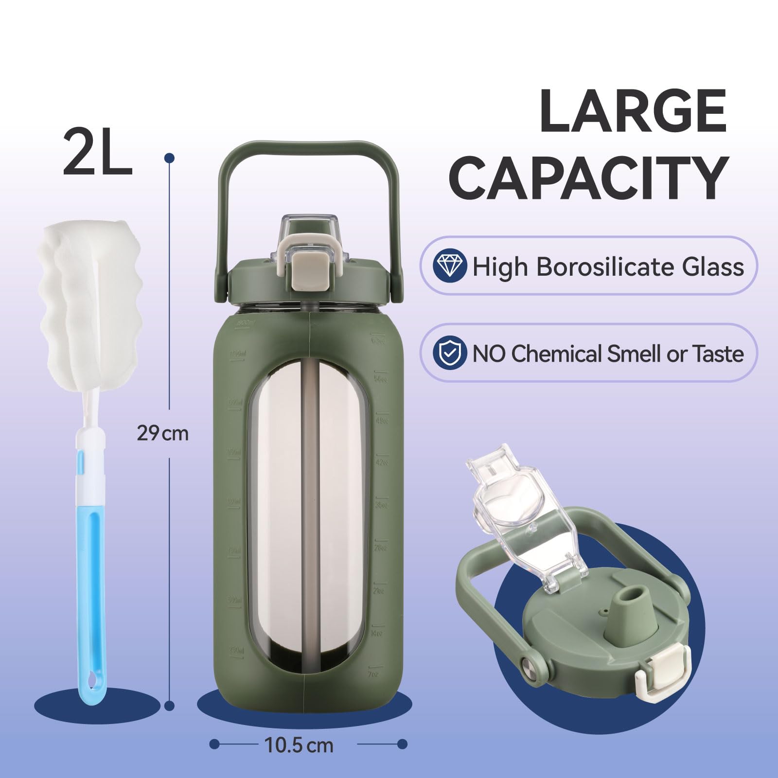 BLUEGO 2L Wasserflasche mit Strohhalm und Griff, Borosilikatglas Trinkflasche mit Silikonhülle für Sport und Reisen, Auslaufsicher, BPA-frei, Olive 5