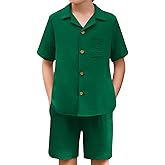Haloumoning Boys 2 Pieces Summer Outfits Beach Short Sleeve Button Down Shirts and Shorts Vacation Texture Sets for Kids
