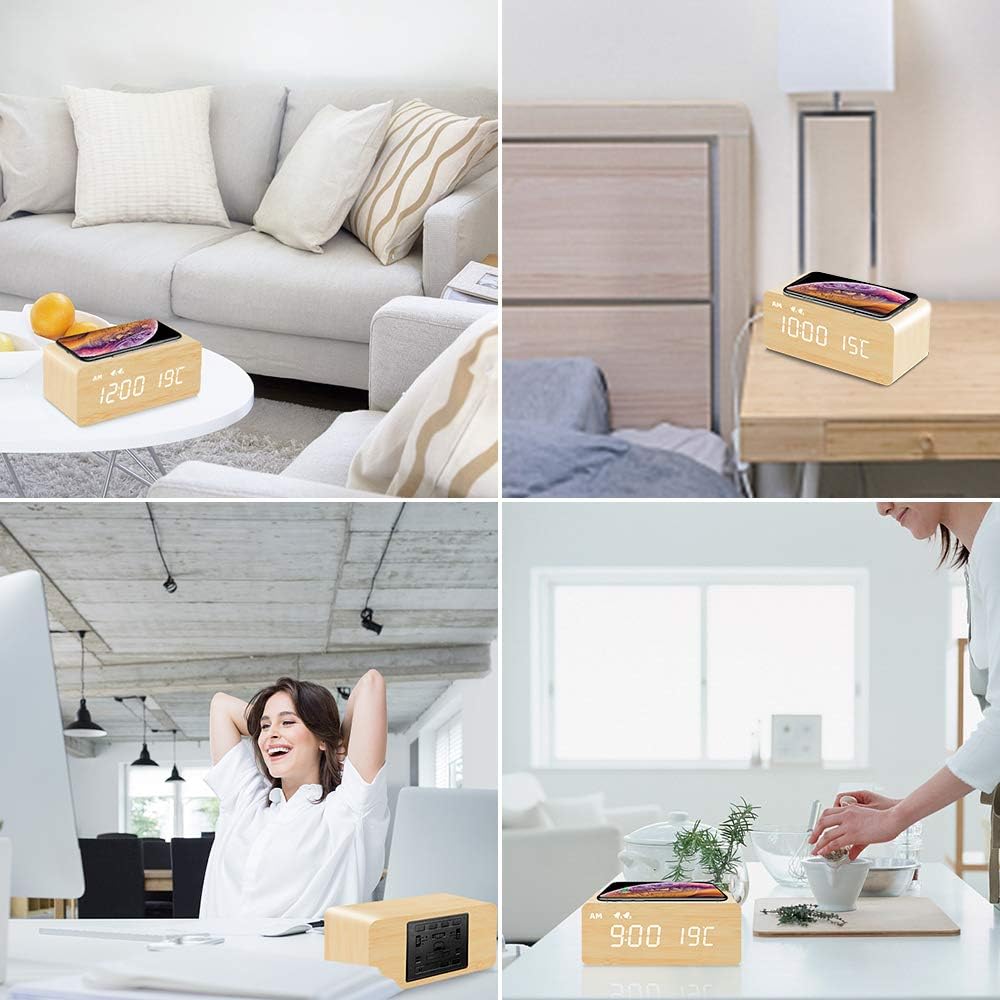 MOSITO Digital Wooden Alarm Clock with Wireless Charging, 0-100% Dimmer, Dual Alarm, Weekday /Weekend Mode, Snooze, Wood LED Clocks for Bedroom, Bedside, Desk, Kids (Bamboo): Kitchen & Dining