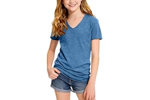 Girls T-Shirts V Neck Short Sleeve Tees Blouse Teen Kids Summer Solid Loose Fit Classic School Tshirts Tops Clothes