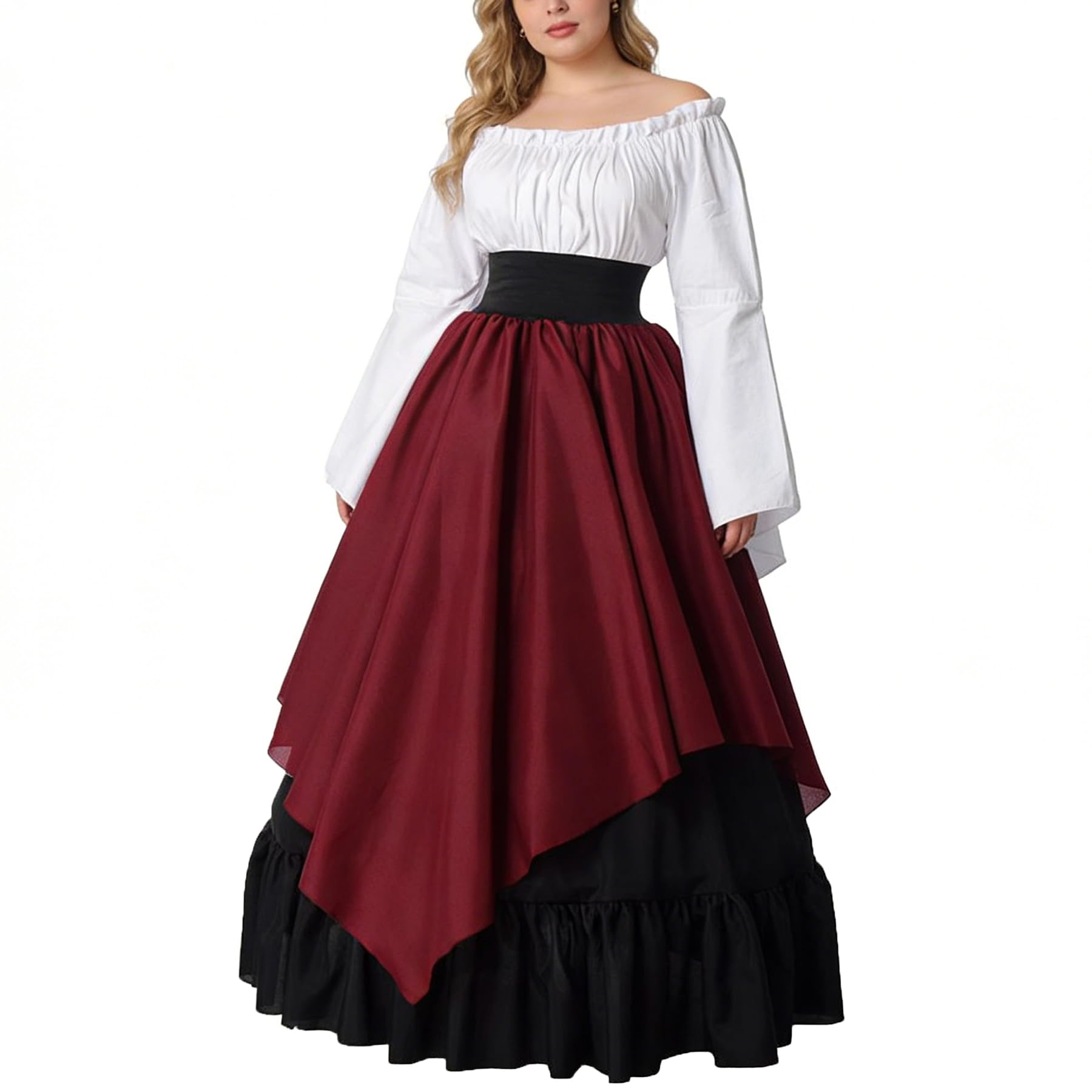 BPURB Medieval Dress for Women Renaissance Costume Trumpet Sleeve Victorian Dresses Gown (Top & Skirt & Petticoat) (Black/Red, S)