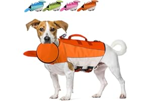 EMUST Dog Swimming Vest, Dog Life Jackets, Ripstop Dog Lifesaver with Rescue Handle, Adjustable Dog Flotation Vest for French Bulldog, Dachshund, Corgi, Orange, M