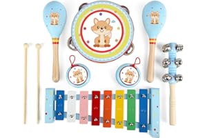 MAXZONE Kids Musical Instruments Sets, 12pcs Wooden Percussion Instruments Toys Tambourine Xylophone for Kids Playing Preschool Education, Early Learning Musical Toys for Boys Girls Gift (Blue)
