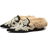 Fericzot Slip On Loafers Womens Embroidery Mule Shoes with Plush Lamb Fur Velvet Slippers Backless Pointed Toe Mule Slides