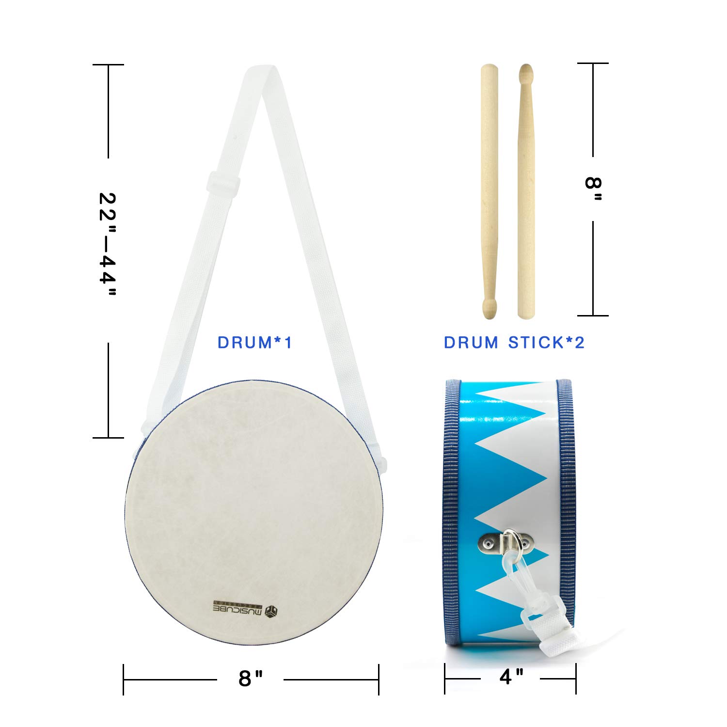 MUSICUBE Kids Drum Set 8-Inch Wooden Drum Toys with an Adjustable Strap and 2 Drumsticks Educational Baby Musical Toys Drum Sensory Musical Instrument Toys for Toddler Boys & Girls Gift Packing