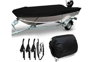 210D Black Trailerable Heavy Duty Boat Cover for 14-16FT Fishing Ski Runabout - Waterproof, Sunproof, Anti-UV