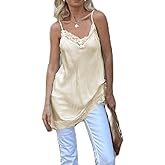 Women Satin Long Lace Trim Patchwork Cami Tops Y2k Spaghetti Strap Silk Tank Top Flowy Layering Lace Slip Camisole Tops