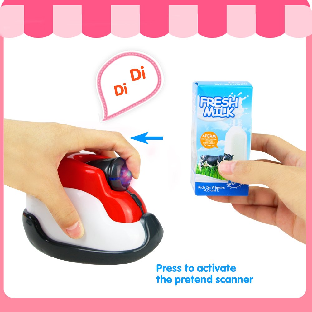 Conjunto de Juguete de Caja Registradora Juguete con Escáner, Dinero de Juguete, Sonido y Luz, 18pcs Accesorios de Juego de Rol Supermercado de Juguetes, Simulación Juego de Imaginación Juguetes Educativos para Niños de 3 4 5 Años