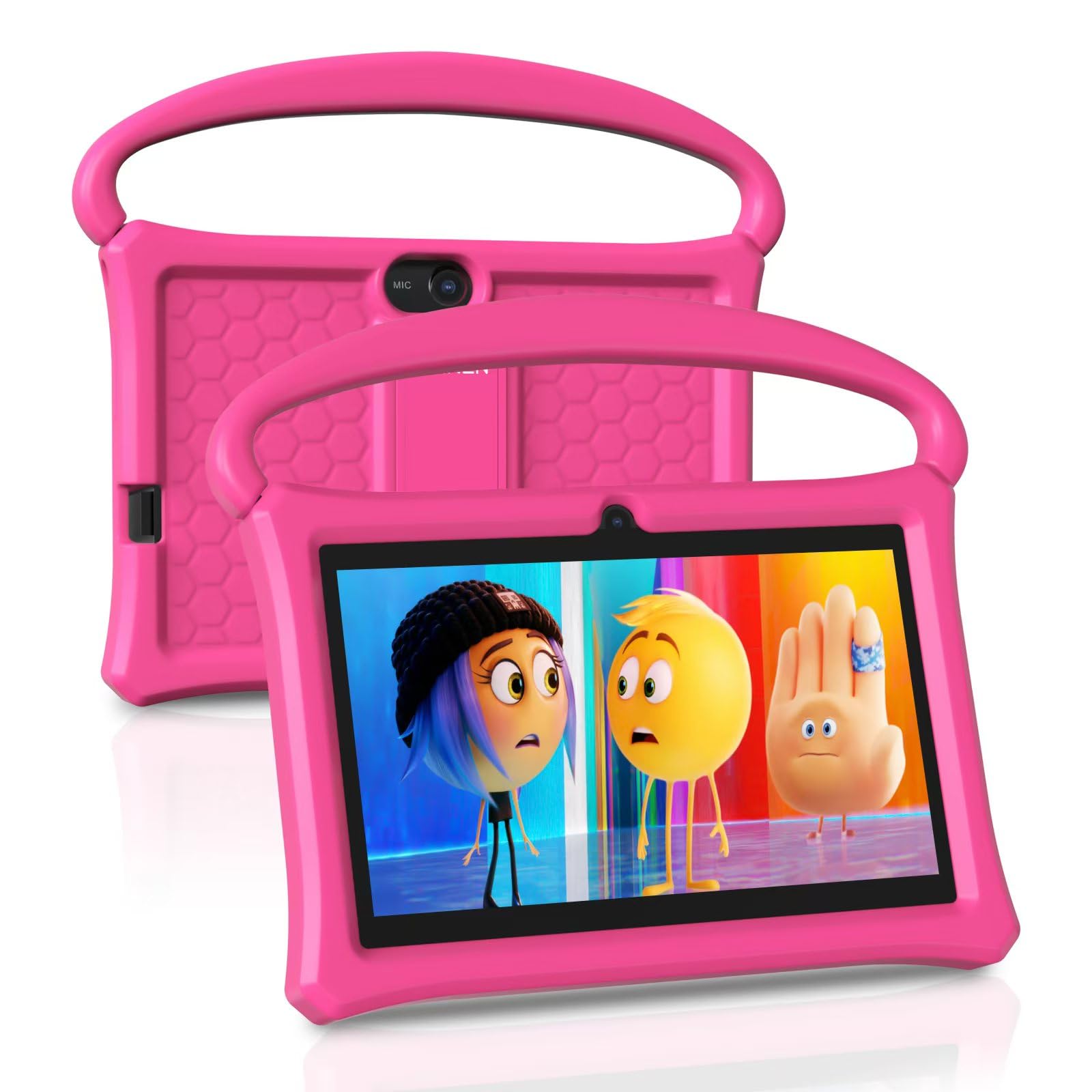 BAKEN Kids Tablet for Toddlers 7 inch Android Tablets 4GB(2+2)+32GB, WiFi, GMS, IPS, Google Plays, Games, with Parental Control, Learning Educational Toddler Tablets with Silicone Case（Pink）