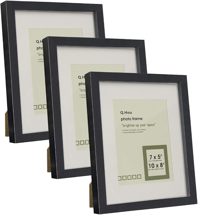Q.Hou 10x8 Inch Black Picture Photo Frame with Mat, Mount for 7x5 or