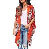 Ivay Womens Floral Kimono Duster Cardigans Short Sleeve Draped Oversized Beach Cover Up Cape