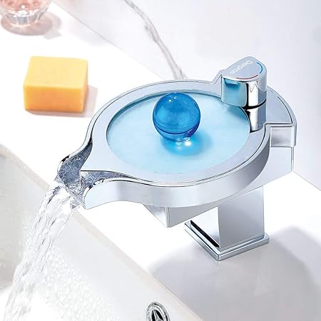 Derpras LED Wasserhahn Bad Waschtischarmatur Wasserhahn Wasserfall 3 Farben und Farbewechsel hängt von Wassertemperatur, geei