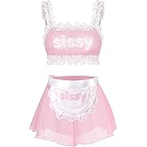 Littleforbig Unisex Adjustable Lacy Strap Mesh Lingerie Loungewear Sissy Maid See-through Bralette Skirted Panties Set