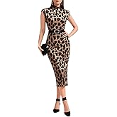 WDIRARA Women's Houndstooth Mock Neck Sleeveless Shoulder Pads Bodycon Dress