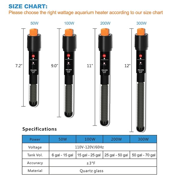 PULACO 200WATT AQUARIUM HEATER FOR 25-50 GALLON FISH TANK, ADJUSTABLE SUBMERSIBLE HEATER THERMOSTAT WITH THERMOMETER STRIP AND SUCTION CUP