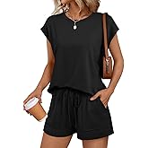 LILLUSORY Womens Crew Neck Cap Sleeve Drawstring Two Piece Summer short Sets Sweatsuit with Pockets