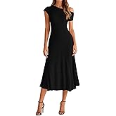 BTFBM Womens Spring Dresses 2026 Asymmetrical Neck Short Sleeve Pleated Swing Knit Midi Dress Business Casual
