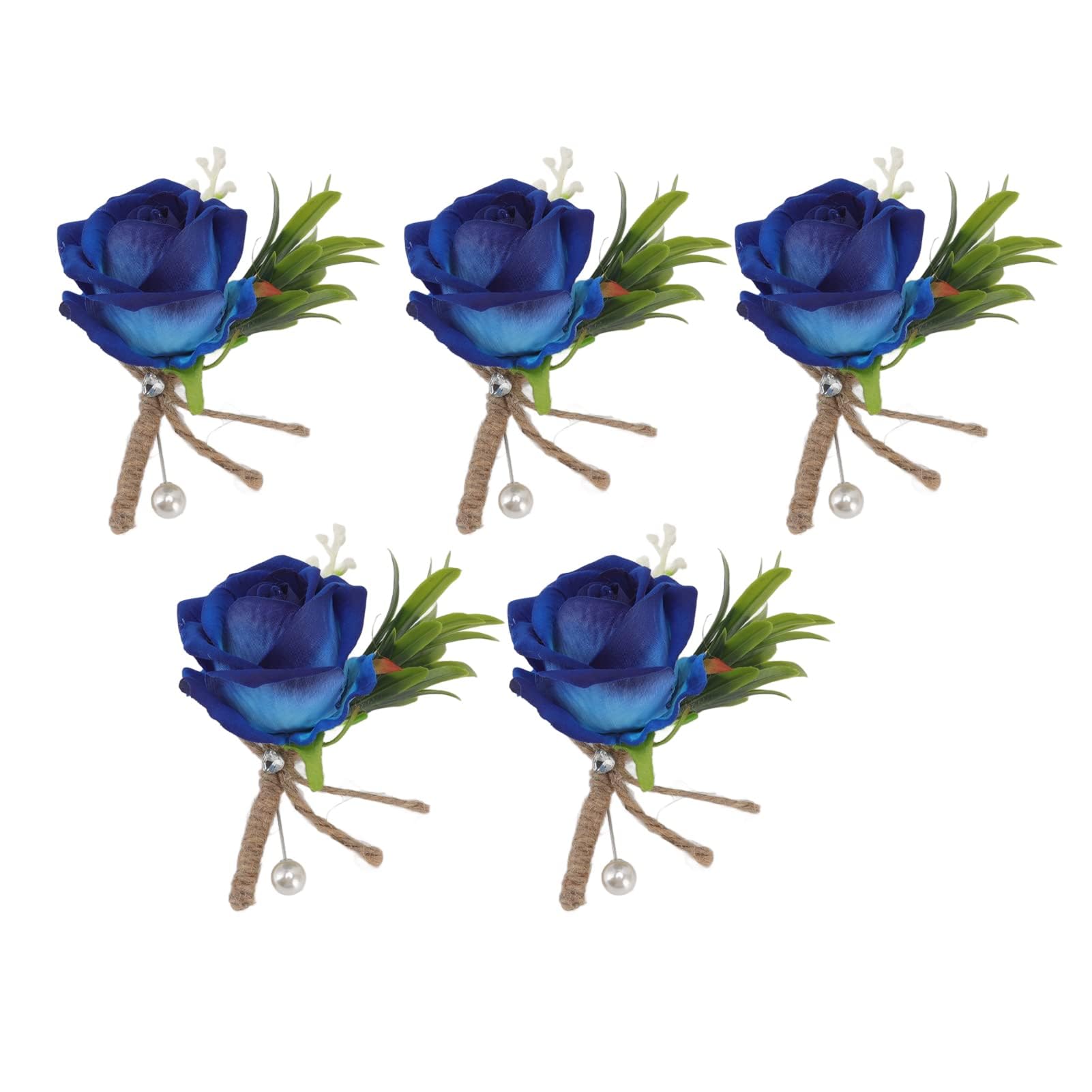 5PCS Artificial Rose Wedding Boutonniere White Handmade Corsage Buttonhole Flowers with Pins for Men Groom Bride Suit Prom Banquet Party Decor Blue