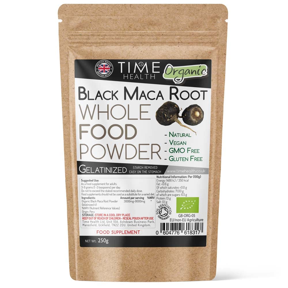 Gelatinized Black Maca Root Powder - Peruvian - Soil Association Certified Organic - Vegan - No Additives (250g Powder)