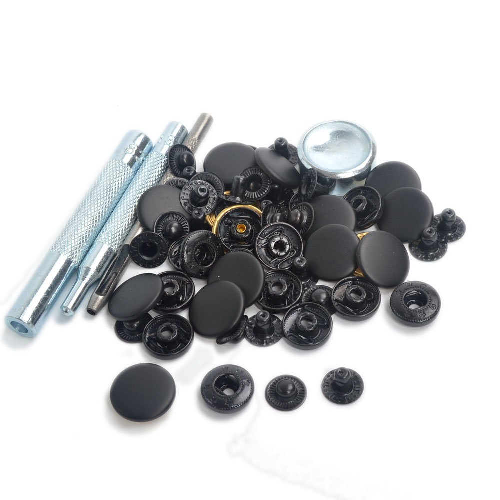 Pack 15 Sets Black Matte 15mm Metal Snap Fasteners Poppers Press Studs