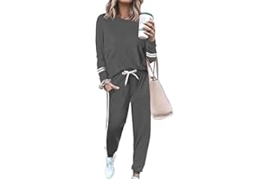 QFPST Women 2 Piece Outfits Crew Neck Striped Long Sleeve Casual Sweatsuit Lounge Sets Tracksuits Pajama Pullover with Pocket