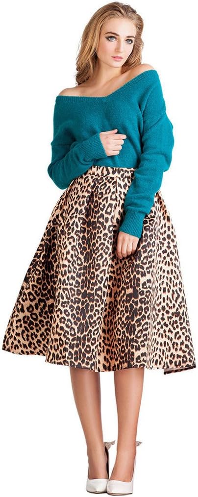 Joeoy Women's High Waist Leopard Print Flare Pleated A-line Midi Skirt