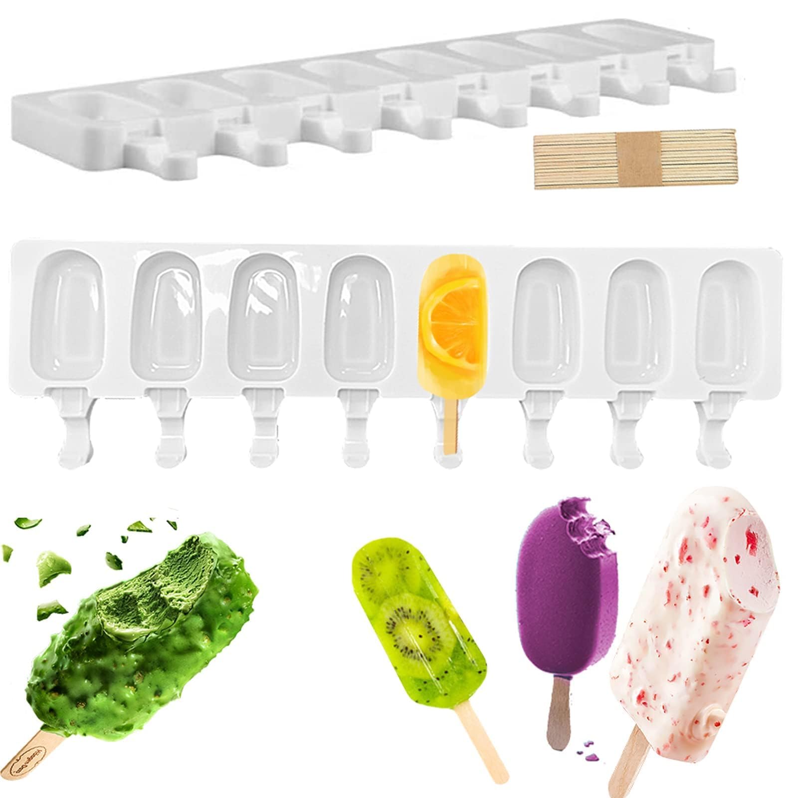 8 Cavity Silicone Ice Lolly Moulds with 16 Wooden Sticks, BPA Free Non-Stick Cakesicle & Cake Pop Moulds, Homemade Ice Cream Popsicle Chocolate Ice Pop Maker for Kids Summer DIY Kitchen Tools