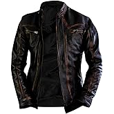 Mens Retro Distressed Motorcycle Black Leather Jacket - Lambskin Vintage Cafe Racer Biker Leather Jacket Men
