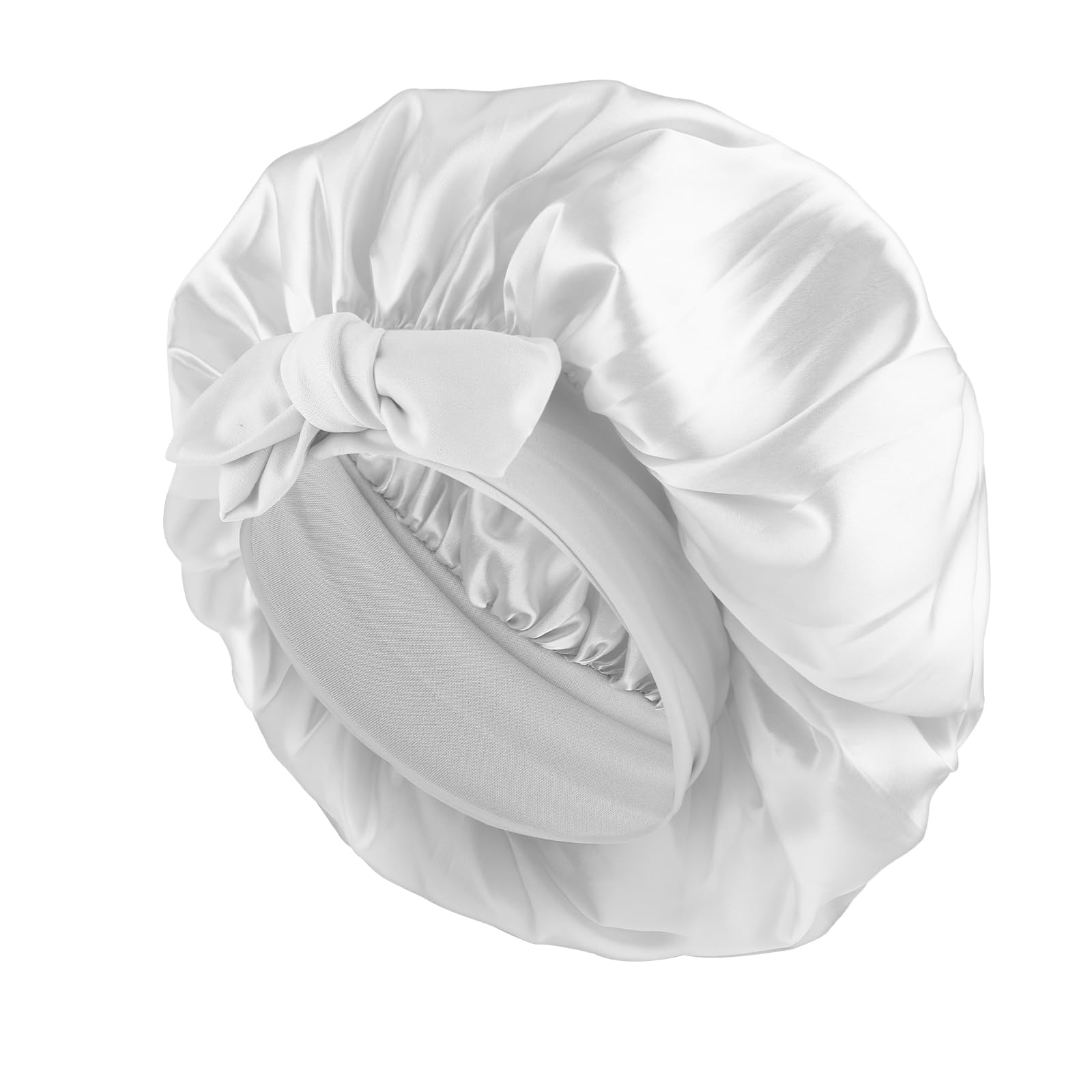 Abeillo Satin Sleep Bonnets for Women, 1PC Satin Night Sleeping Cap Soft Silk Bonnets for Sleeping, Hair Bonnet with Tie Band for Curly Hair Braid Women (White) — image 1
