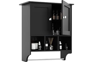 Palimder Medicine Cabinets, Space Saving Wall Cabinet with 2 Doors and Adjustable Towel Rack Shelves, Storage Cabinet for Toilet, Bathroom, Living Room, Kitchen (Black)