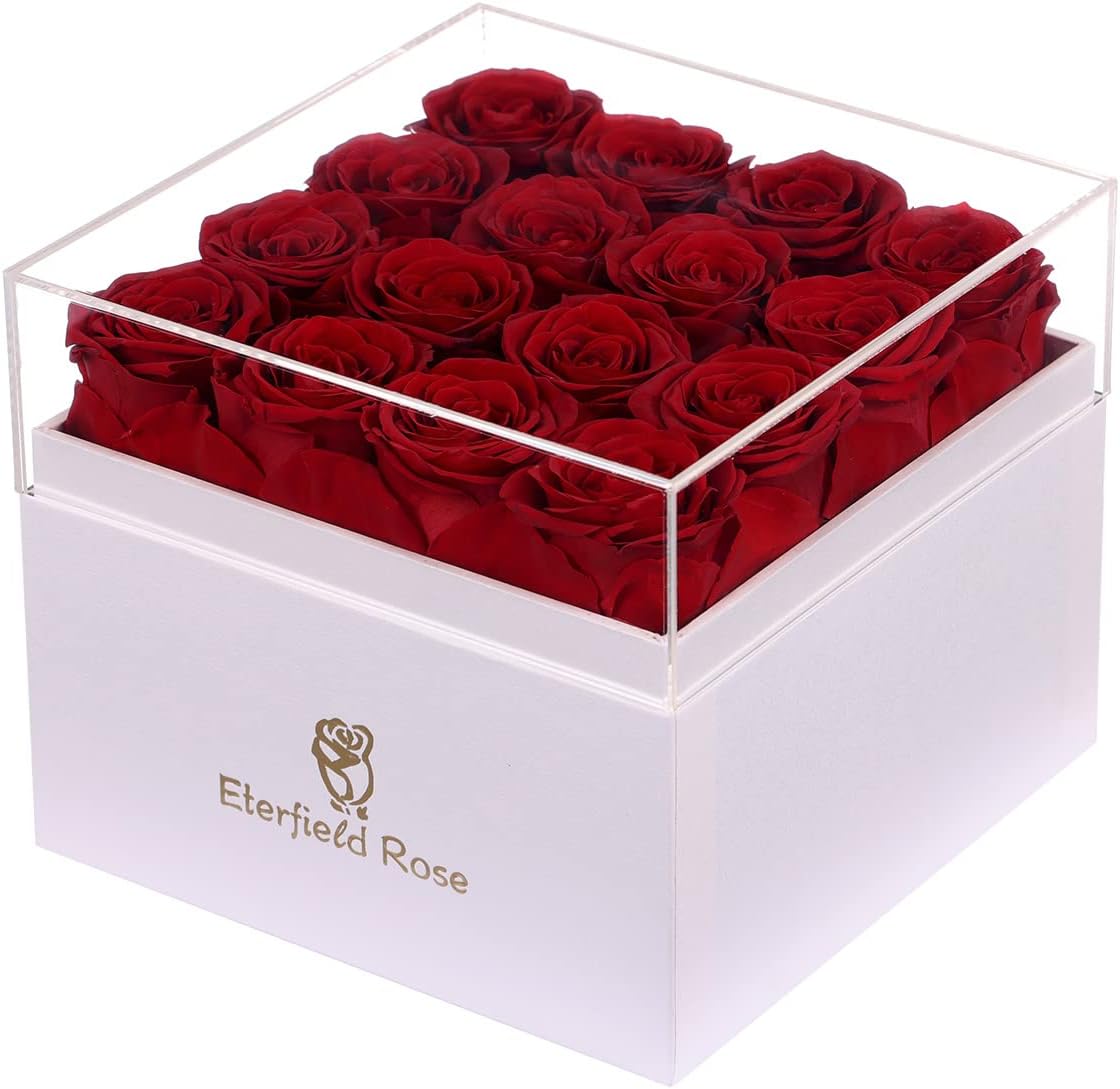 Dried & Preserved Flora - Eterfield Preserved Roses That Last a Year Eternal Rose in a Box Real Rose Without Fragrance Gift for Her (16 Red Roses, Square White Box)