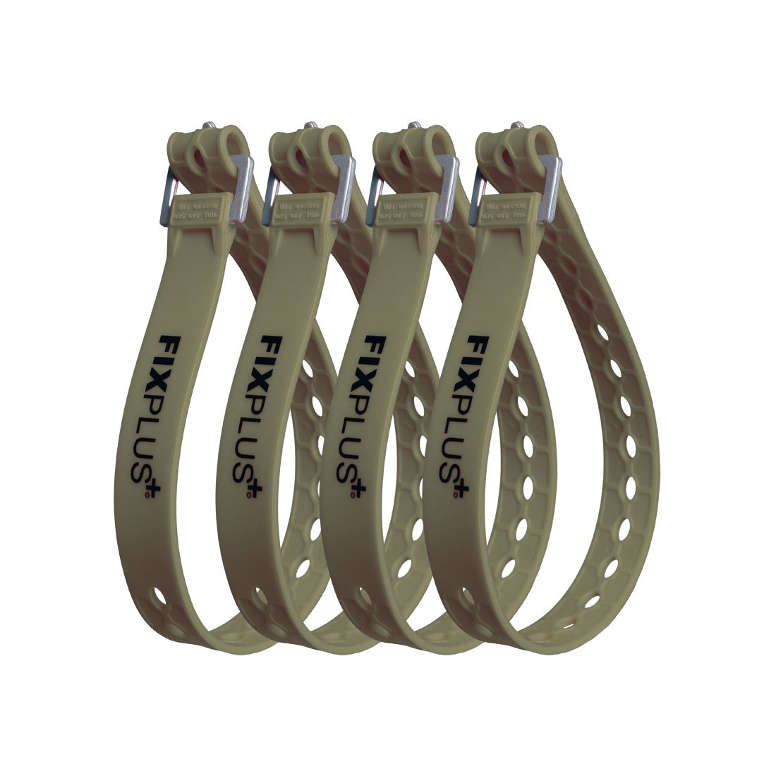 Fixplus Strap Pack of 4 – Tie-down strap for securing, attaching, bundling and lashing made of special plastic with aluminum buckle 46 cm x 2.4 cm (olive)