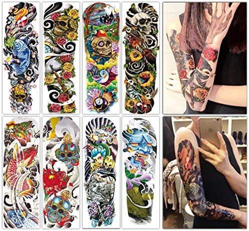 DevilFace Large Full Arm Temporary tattoos for Men Women, 8 Sheets Fake Tattoos (Collection 1)