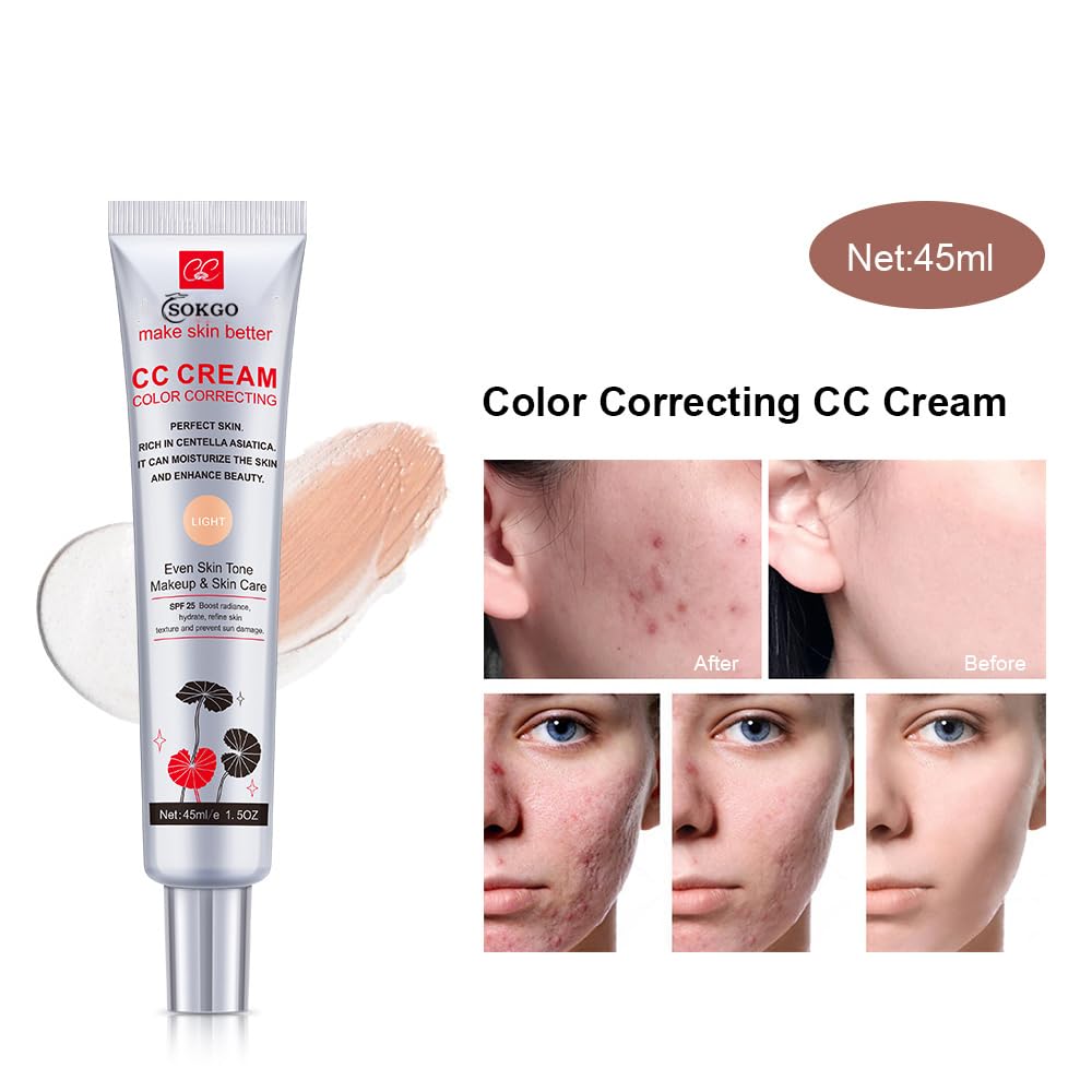Fovcos Color Correcting CC Cream with SPF 25, Coverage Lightweight Foundation, Hydrating Serum, Even Skin Tone Makeup and Skin Care, Boost Radiance, Refine Skin Texture, Avoid Sun Damage (LightLight, 1PCS)