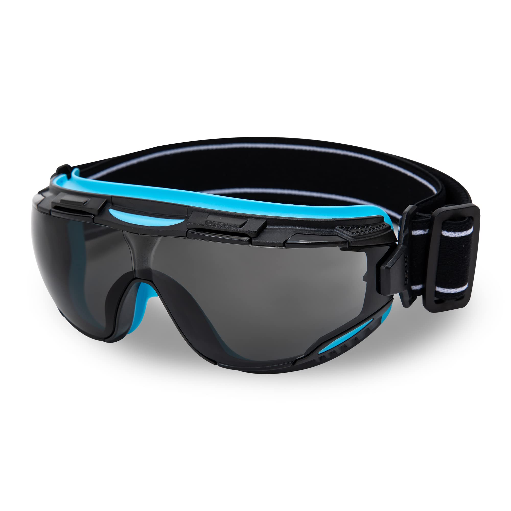 DEX FIT Protective Safety Goggles SG220; Anti Fog & Scratch, Z87 Eye Protection for Lab, Science, and Chemistry Work, Adjustable for Women and Men, (Black & Blue Frame, Tinted Lens, 30cm Strap)
