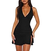 Women Sexy Halter Deep V Neck Ruched Bodycon Dress Summer Side Slit Mesh Hem Cocktail Club Party Short Mini Dresses