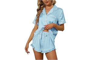Astreeas Silk Pajamas for Women Short Sleeve 2 Piece Satin Pjs Sets Button down Loungewear Tops and Pj Shorts Soft Sleepwear