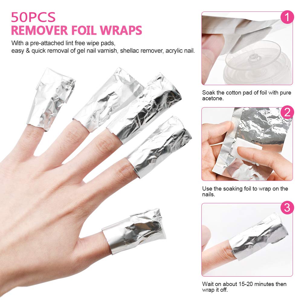 Gel Nail Polish Remover Kit for Acrylic/UV Gel/Soak-Off Polish Removal, Nail Clips to Remove Polish Set with Cotton Pads/Acetone Pump Dispenser/Nail Foil Wraps/Cuticle Pusher/Nail Files/Cleaner Brush : Beauty