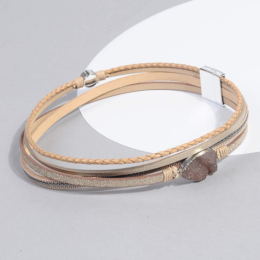 Leather Cuff Bracelet for Women - Boho Beads Wrap Clasp Bangle Bracelet Leather Wristbands Birthday Gifts for Women(Brown with druzy): Jewelry