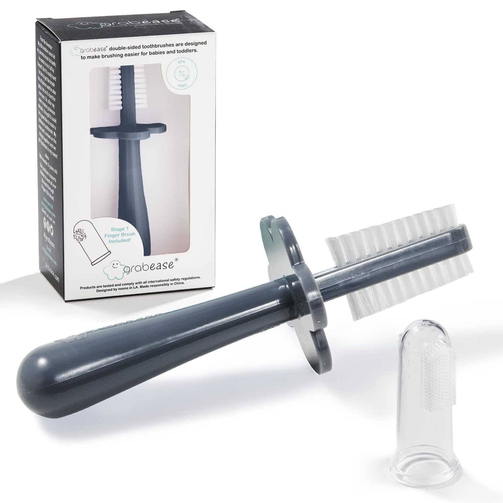 Grabease Baby Toothbrush Double Sidded Toothbrush Finger Toothbrush for Toddler Infant Toothbrush, BPA-Free & Phthalate-Free for Baby & Toddler, 1 Pack, Gray