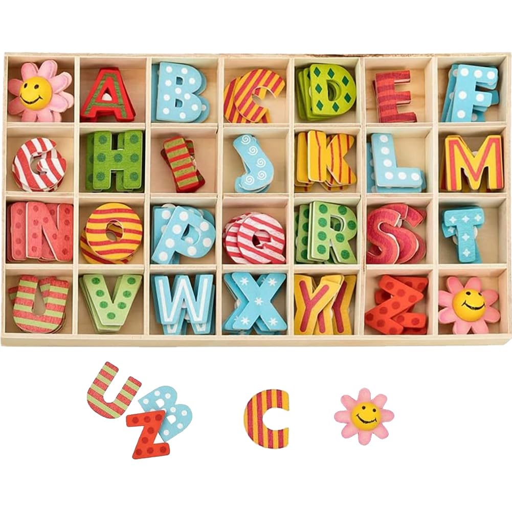 GZQCVVFQ 108-Piece Wooden Alphabet Letters and Flowers, Educational Toy for Ages 3-5, Multicolor, Easy Storage