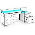 Rolanstar Computer Desk 59" with File Drawer, Gaming Desk with LED Light & Power Outlets, Home Office Desk with File Cabinet & Storage Shelves, with Monitor Stand & Keyboard Tray, White