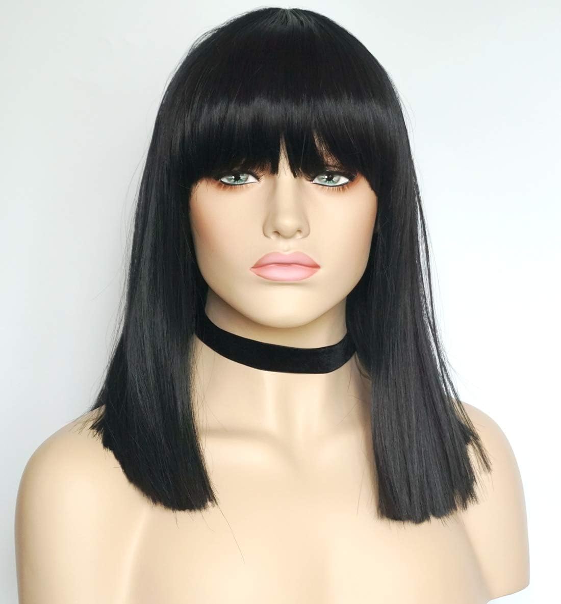 Shoulder length Bob Wigs with Bangs Straight Synthetic Hair Costume Daily Use For Women (Black)