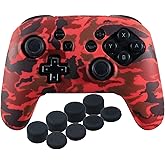 YoRHa Studded Silicone Transfer Print Cover Skin Case ONLY for Nitendo Official Switch Pro Controller x 1(Red) with Pro Thumb Grips x 8