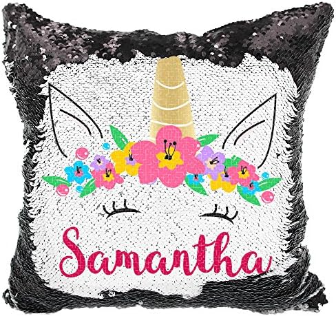 Personalized Mermaid Reversible Sequin Pillow, Custom Unicorn Sequin Pillow (White/Black)