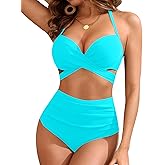 High Waisted Underwire Bikini Sets - Women 2025 Two Piece Swimsuits Halter Bathing Suits with Tummy Control Bottom