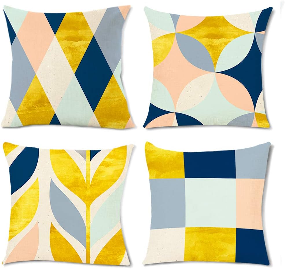 Geometric Style Throw Pillow Covers Colorful Abstract Soft Cotton Linen Square Pillow Cover Modern Simple Invisible Zipper Pillowcase Home Decorative for Sofa Bed Car Room 18x18 Inch 45x45 cm 4 Packs
